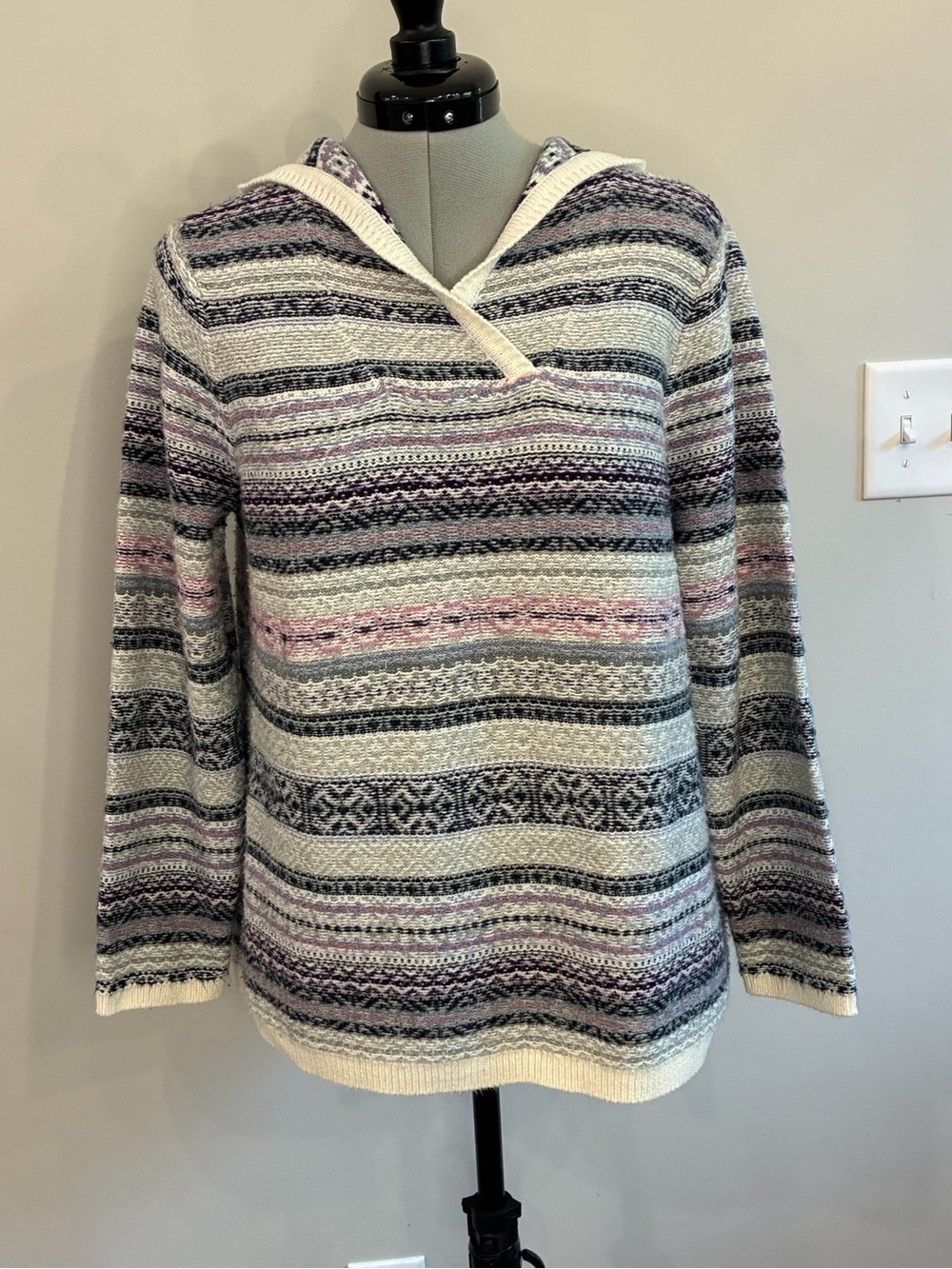 J. Jill Striped Hooded Sweater in Cream, Gray & Lavender 421
